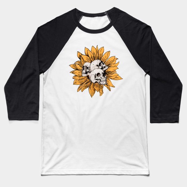 Skulls on Sunflower Baseball T-Shirt by The Night Owl's Atelier